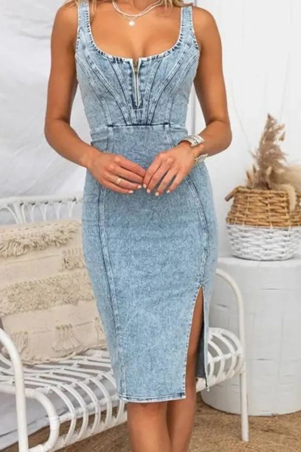 Side Slit Washed Scoop Neck Denim Dress - Velora