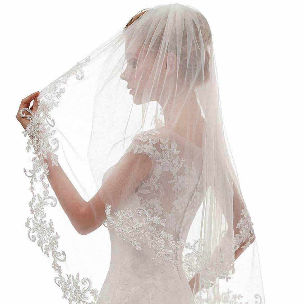 Veil White Ivory Embroidery Applique Double Rounds Comb - Velora