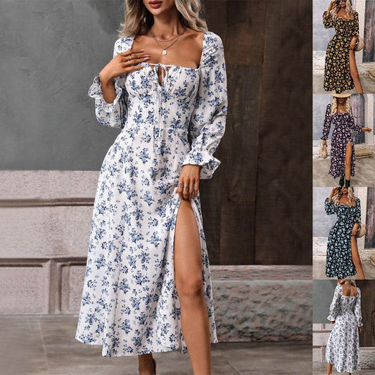 Flowers Printing Long Sleeve Dress Fashion Square-neck Bottom Slit Dresses Womens Clothing - Velora