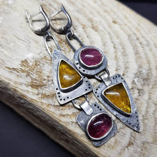 Hecheng Retro Geometric Triangle Metal Pendant Earrings Purple Orange Asymmetric Earrings Women's Retro Jewelry Gift Cross - Velora