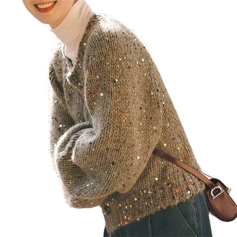 Retro Gray Sequins Sweater Cardigan Coat - Velora