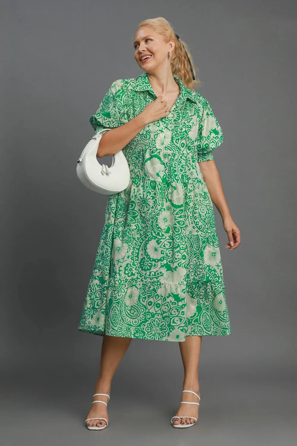 Umgee Full Size Printed Smocked Cuff Puff Sleeve Midi Dress Plus Size - Velora