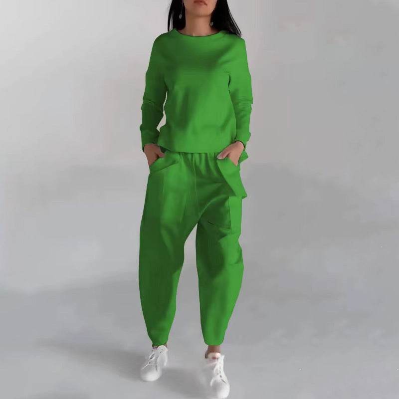 Solid Color Fashion Sweatshirt Long Sleeve Back Slit Top With Pockets Loose Trousers Women's Clothing - Velora
