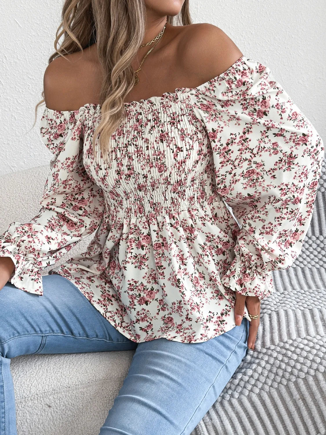 Floral Square Neck Flounce Sleeve Blouse - Velora
