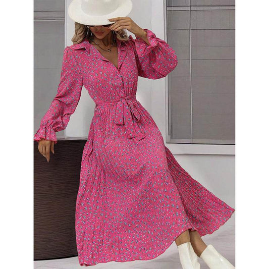 Women's Long Sleeve Midi Dress V Neck Button Down Belted A-Line Flowy - Velora
