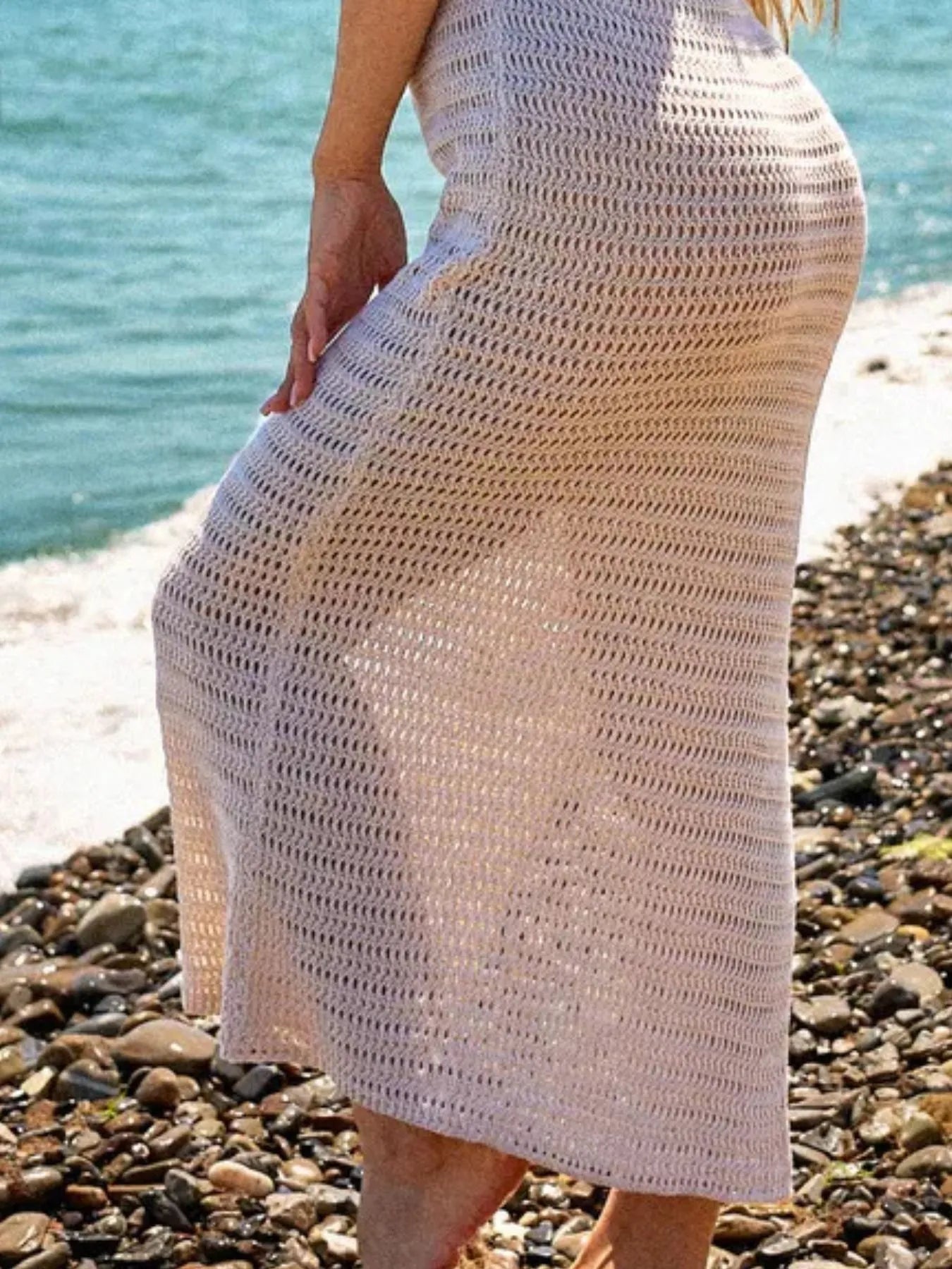 Side Slit Openwork Sleeveless Knit Cover Up Dress - Velora