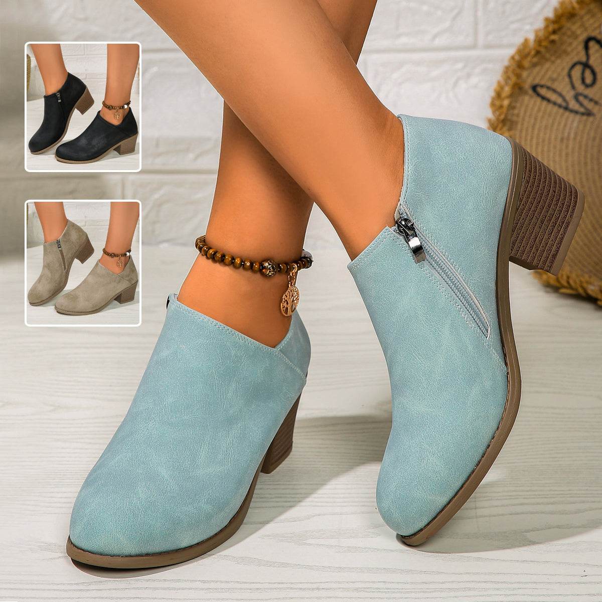 Chunky Heel Round Toe Ankle Boots With Side Zipper Design Fashion Fall Winter Short Boots For Women Shoes - Velora