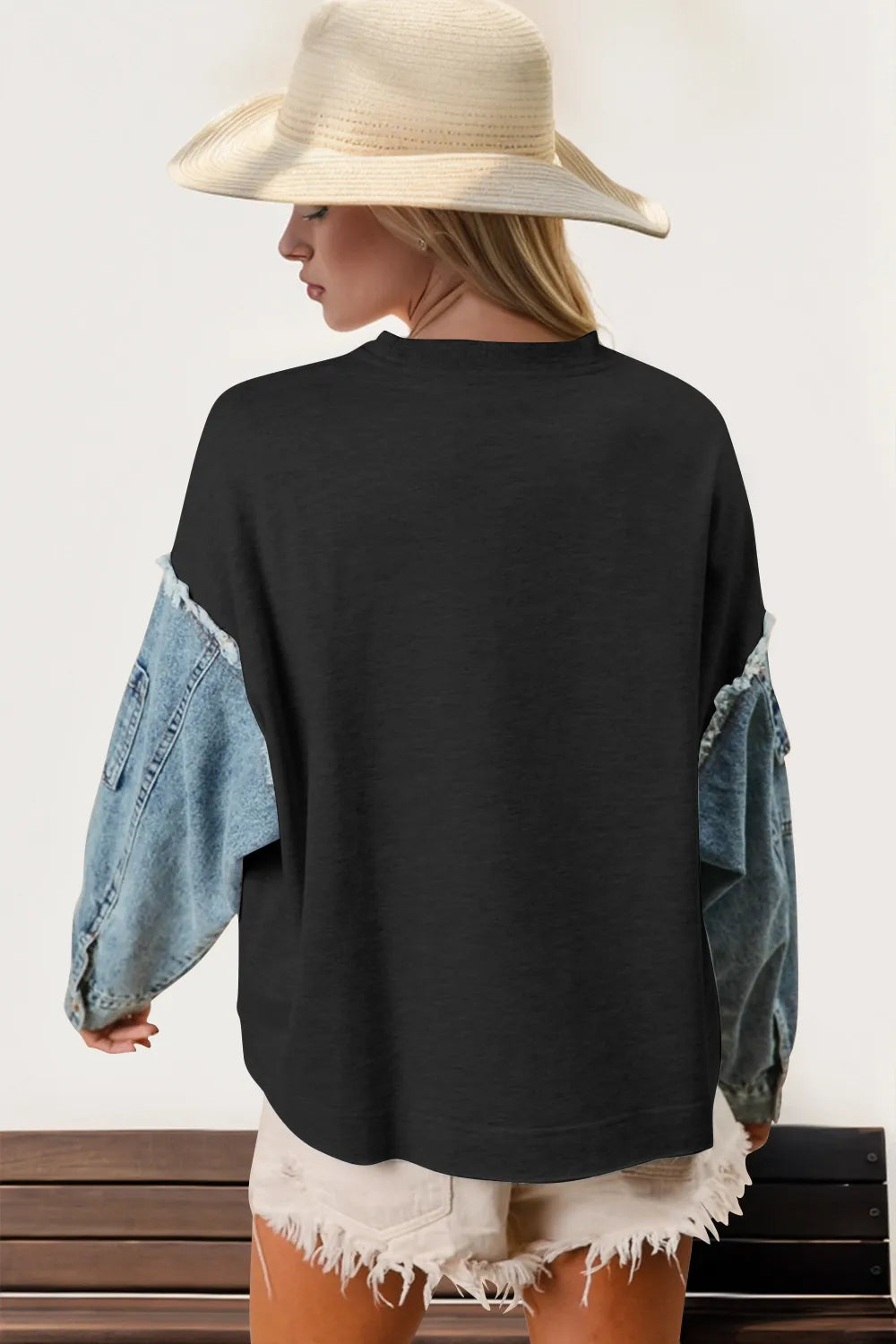 Double Take Raw Edge Star Contrast Sweatshirt - Velora
