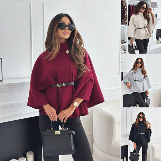 New Stand Collar Batwing Sleeves Cloak Top With Belt Ins Fashion Temperament Jacket Woolen Sweater Outwear For Women Clothing - Velora