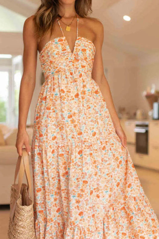 Floral Halter Neck Tiered Maxi Dress - Velora