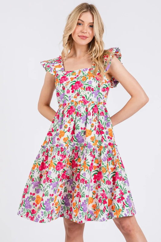 Mittoshop Flower Print Ruffle Shoulder A-line Mini Dress - Velora