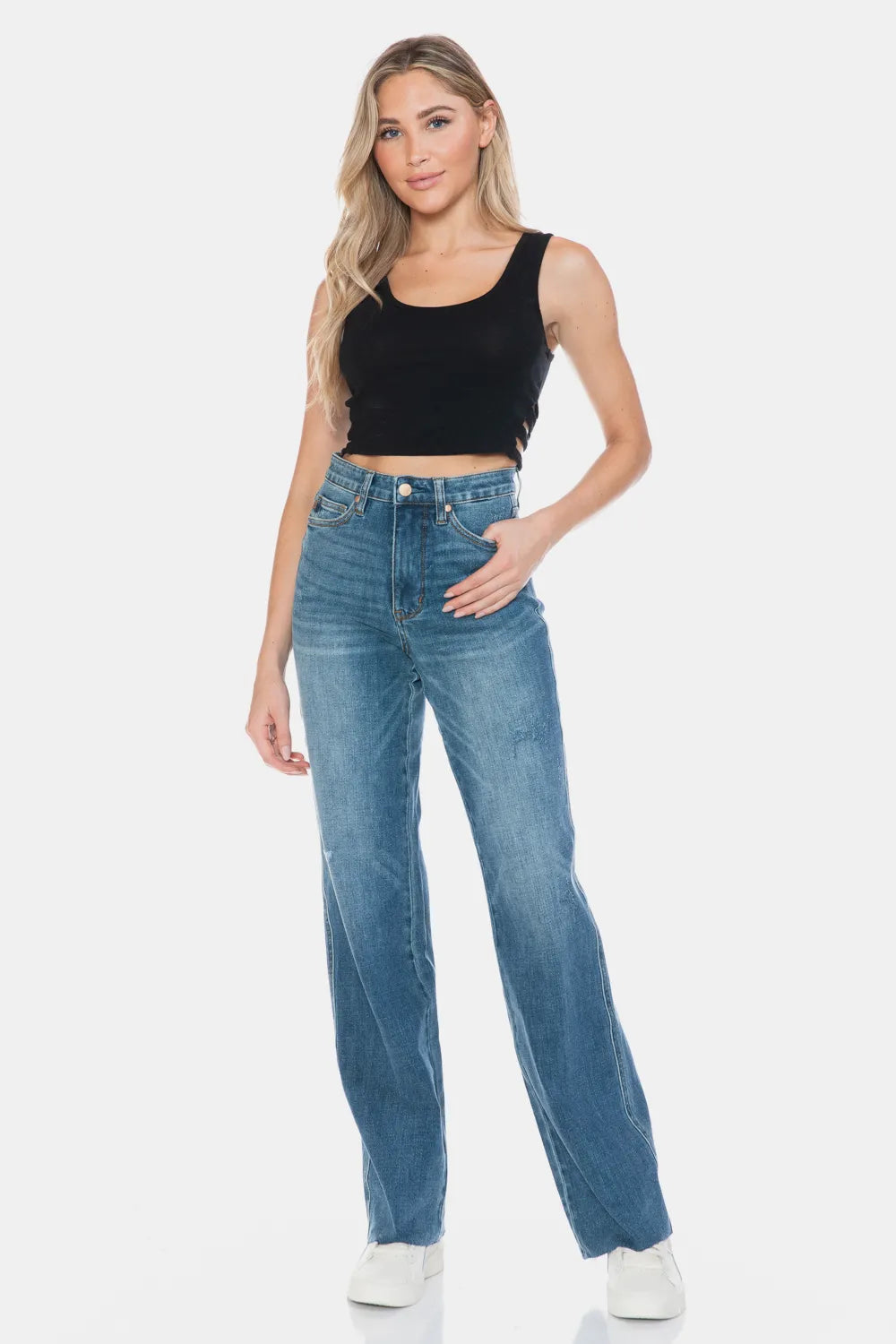 Judy Blue Full Size Tummy Control Cut Raw Hem Straight Jeans - Velora