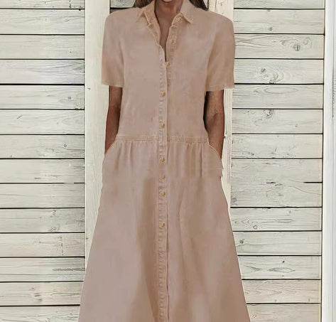 Women's European And American Lapel Casual loose button down Midi Denim jeans Mum Dress - Velora