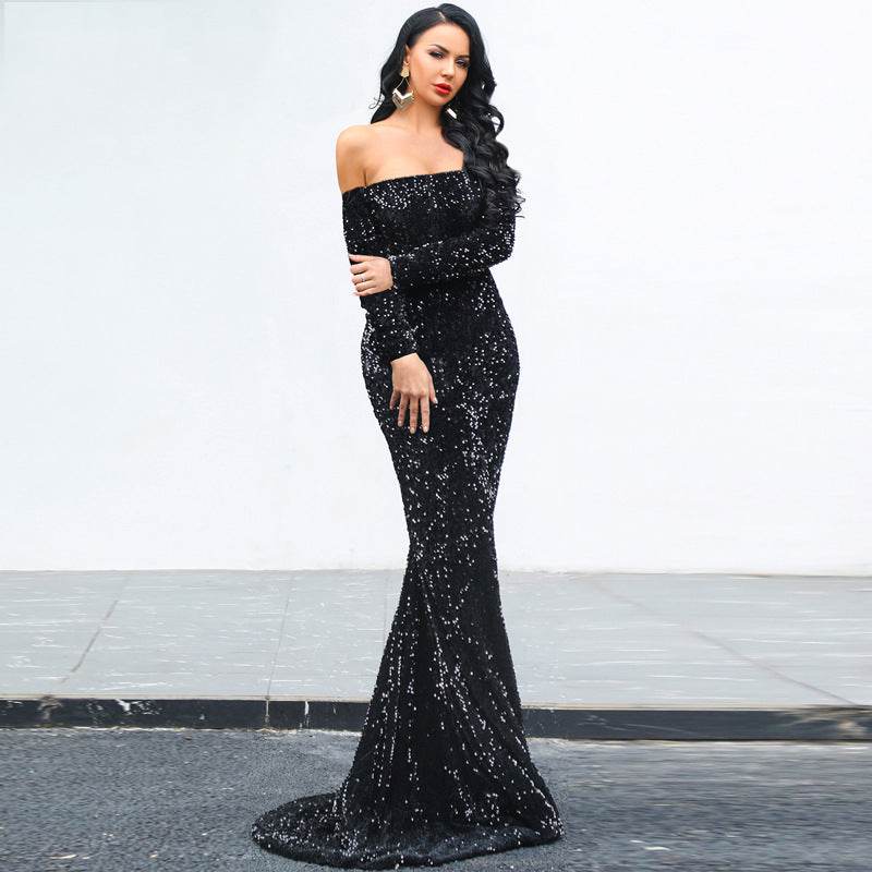 Sexy Strapless Long Sleeve Sequins Party Evening Dress - Velora