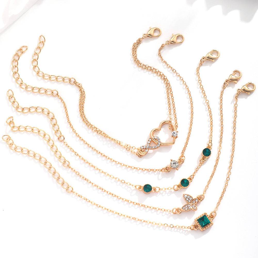 Bohemian 5pc Green Crystal Bracelets Jewelry Set For Women Heart Bracelet Wedding Engagement Bracelet Fashion Jewelry - Velora