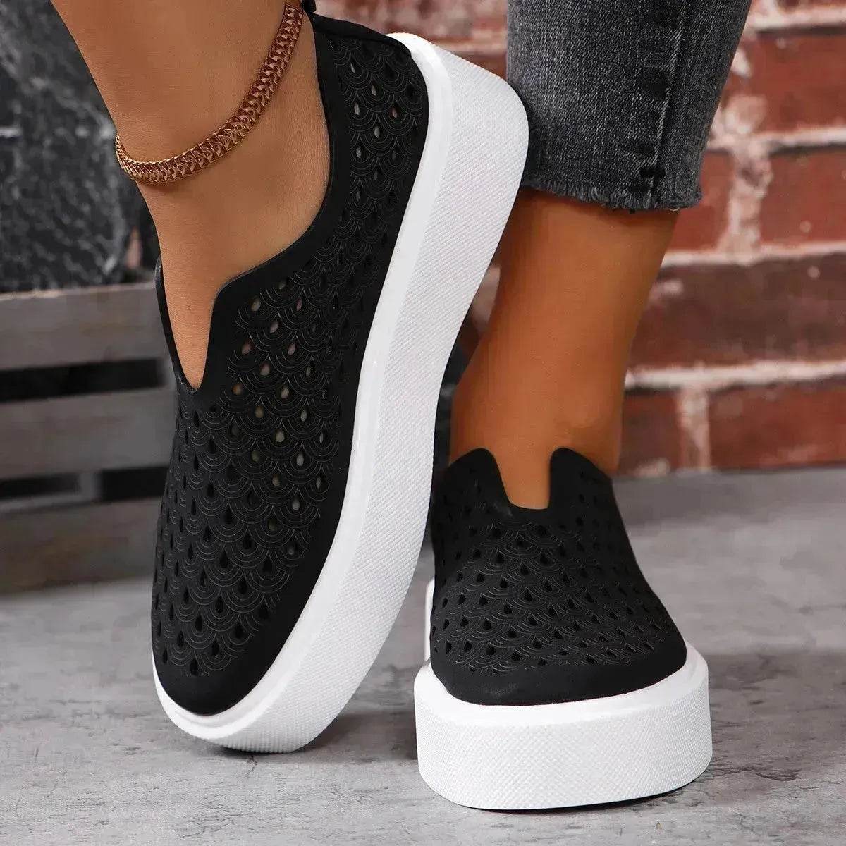 Fashion Hollow Flats Shoes Casual Versatile Thick Sole Slip-on Shallow Sneakers Shoes For Women - Velora