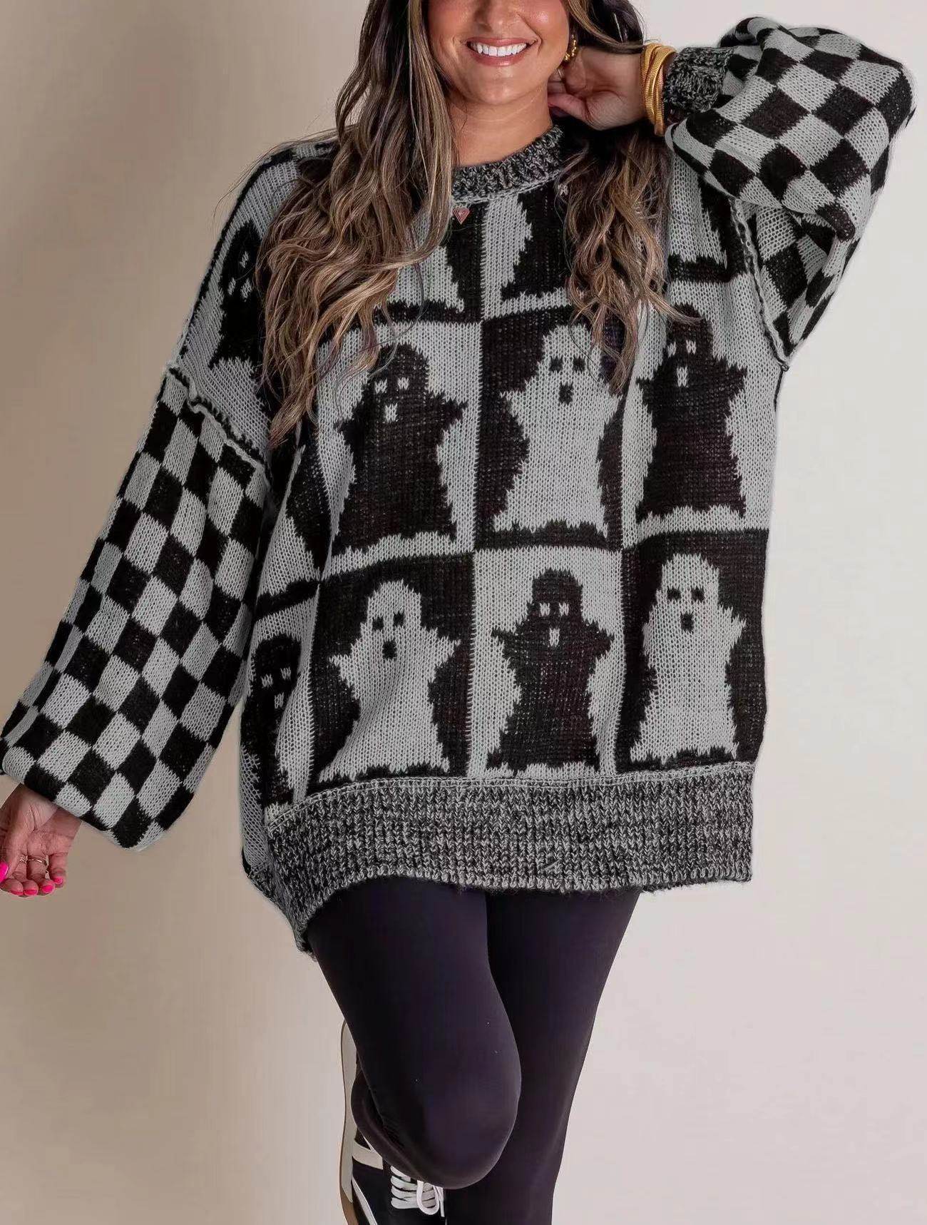 Halloween Cartoon Pumpkin Ghost Sweater Winter Loose Pullover Knitted Top Fashion Women's Clothing - Velora