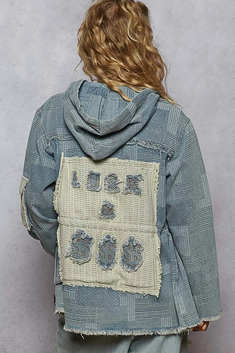 POL Raw Hem Drawstring Zip Up Hooded Denim Jacket - Velora