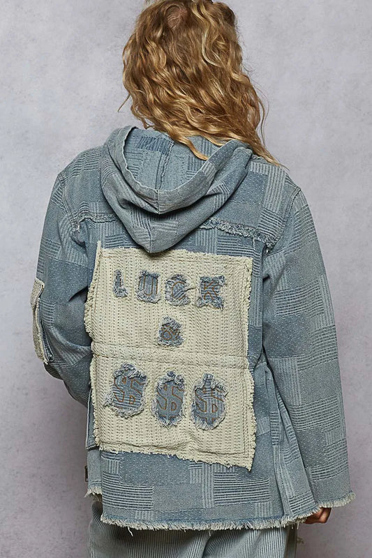 POL Raw Hem Drawstring Zip Up Hooded Denim Jacket - Velora