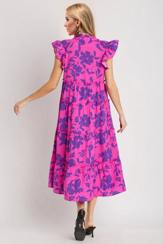 Oh Full Size Ruffled Printed Notched Cap Sleeve Midi Dress - Velora