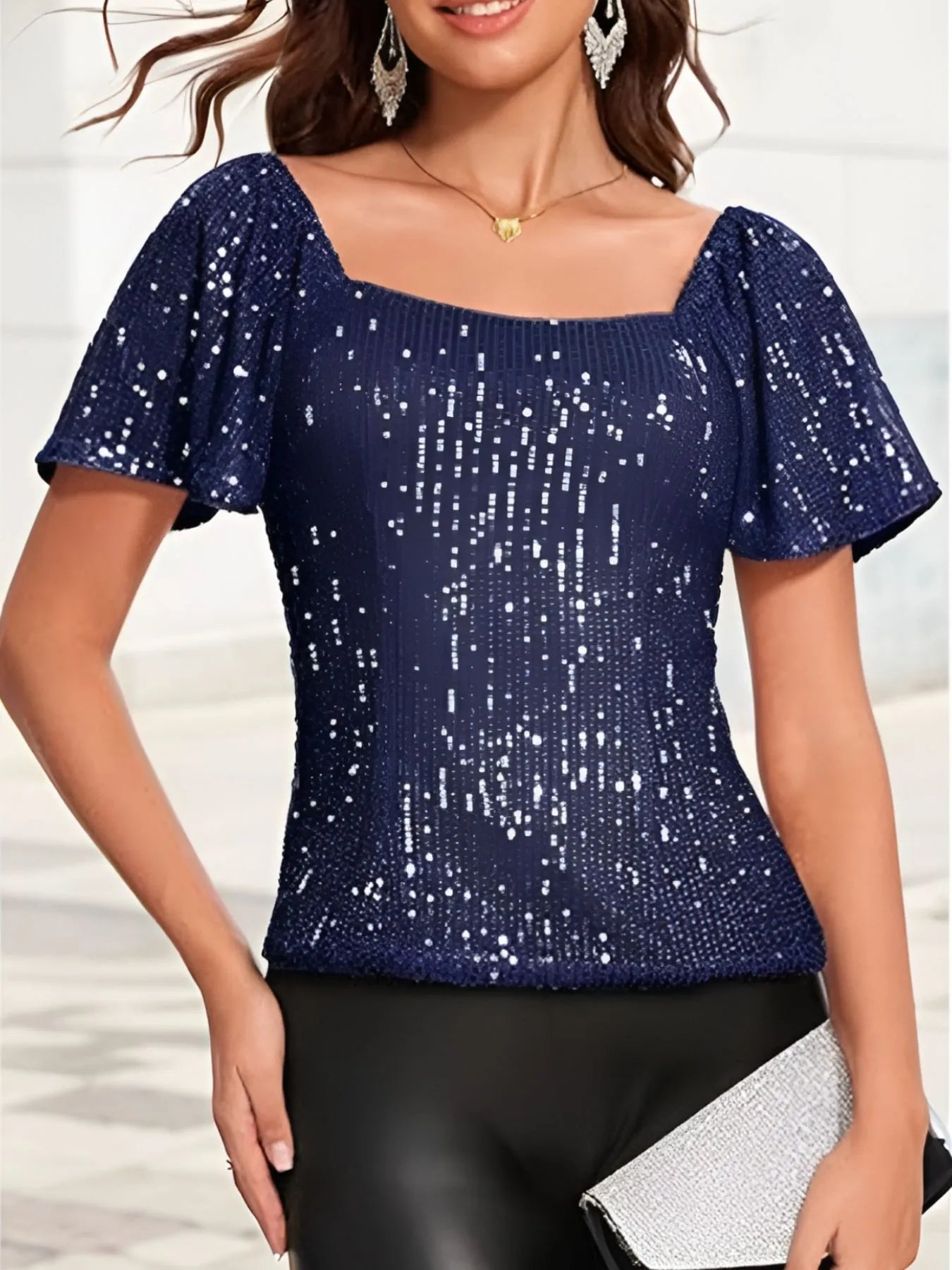 Square Neck Sequin Short Sleeve Blouse - Velora