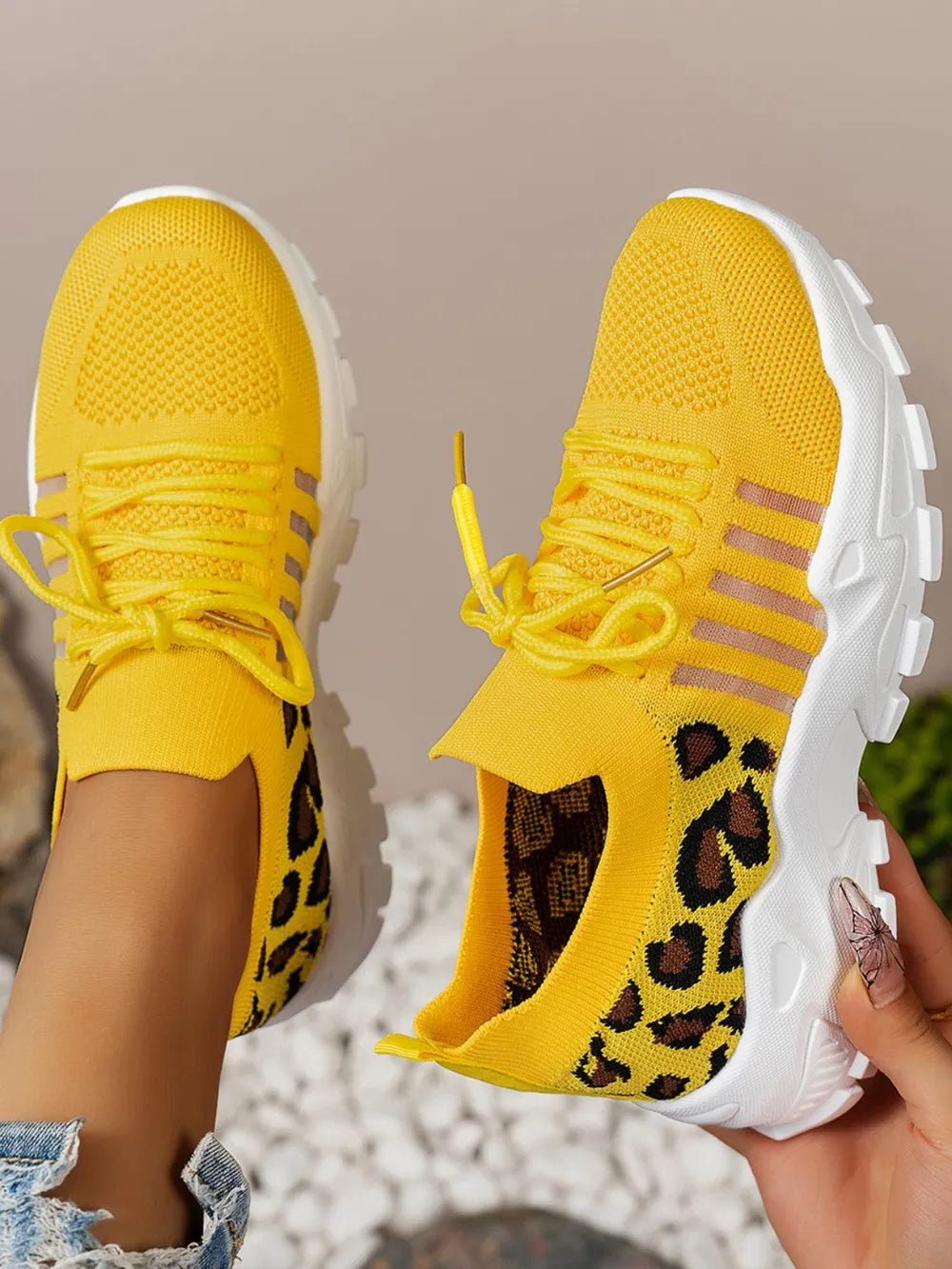 Cutout Leopard Lace Up Mesh Athletic - Velora