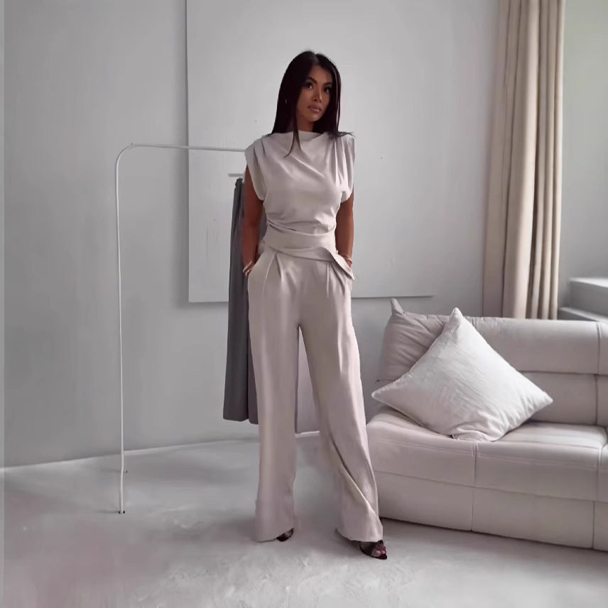 Women's Sleeveless Suit Fashion Slim Irregular Split Top And Straight Pants Solid Trouser Set Velora