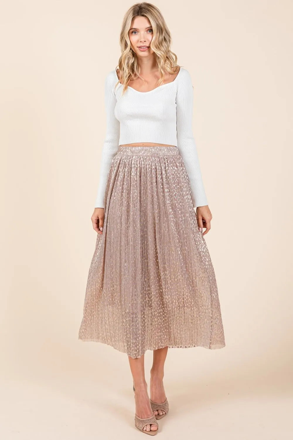 Mittoshop Metallic Glitter Speckle Print Elastic Midi Skirt - Velora