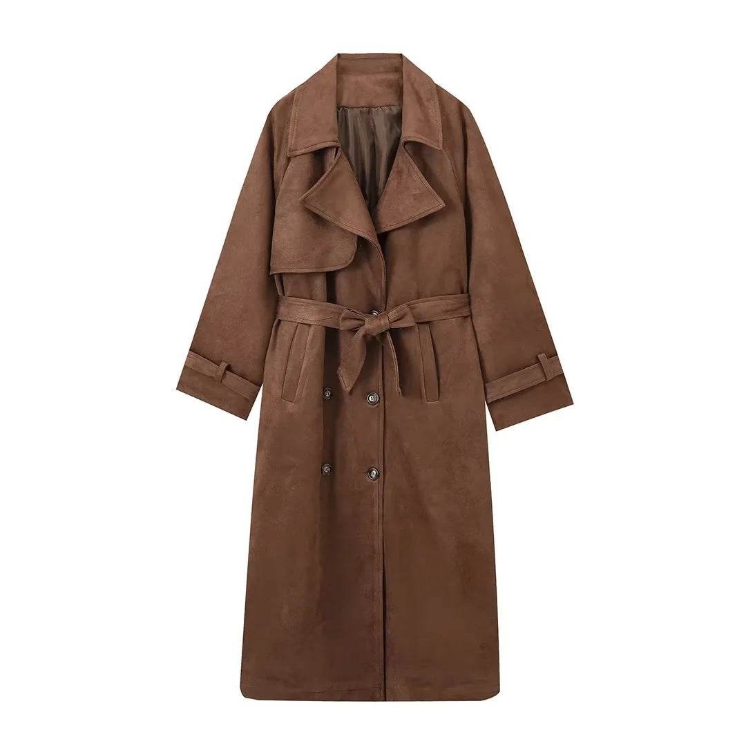 Double Breasted Lapel Shift Coat With Belt Fashion Vintage Suede Long Coat Winter Outwear Women's Clothing - Velora