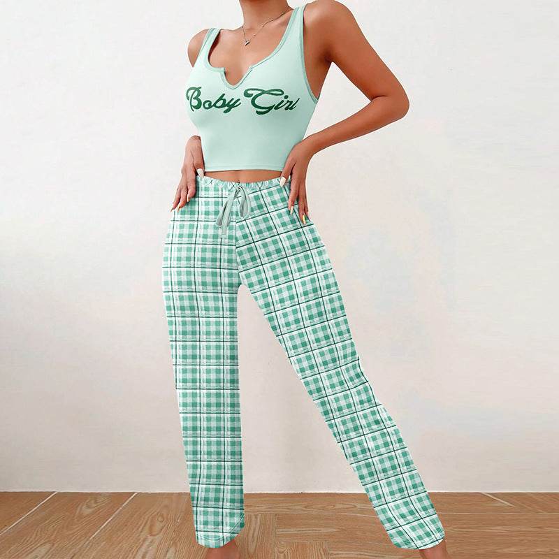 Spring Summer Women's Casual Pajamas Home Wear Vest Color Matching Plaid Trousers Letter Print Top Ladies 2 Pcs Home Clothes Sleepwear - Velora