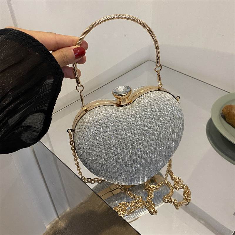 Evening Clutch Bag Women Bag Shiny Handbag Heart Shape Metal Clutches Bag Fashion Chain Shoulder Crossbody Bag Luxury Lady Purse Valentines Day Outfit - Velora