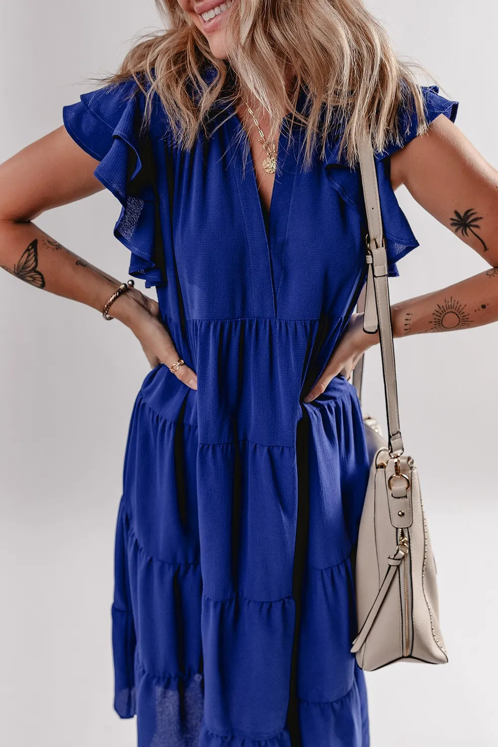 Ruffled Short Sleeve Collared V Neck Tiered Midi Dress - Velora