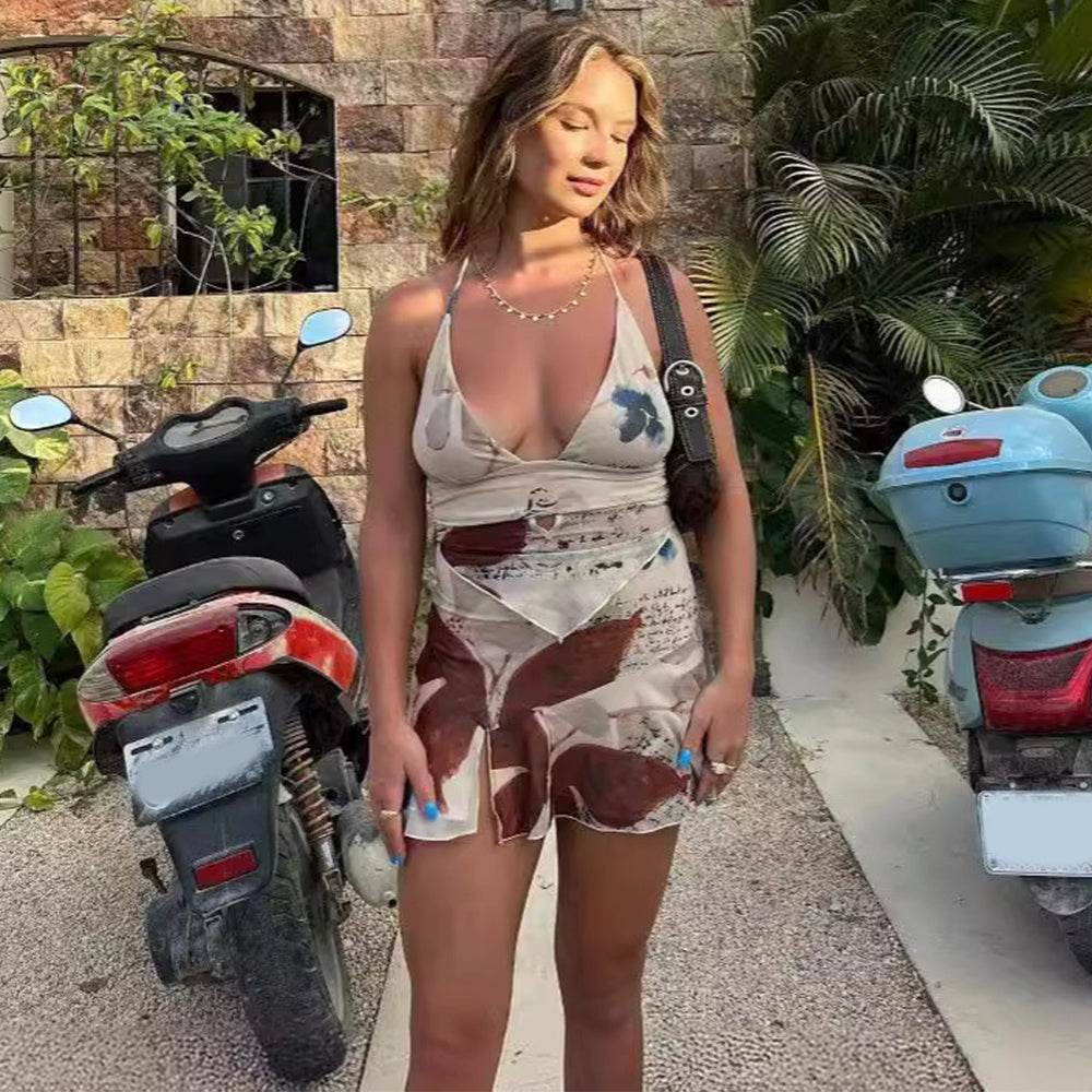 2Pcs Printed Suit Summer Sexy V-neck Halter Top And Pleated Short Skirt Women's Dress Set Clothing - Velora