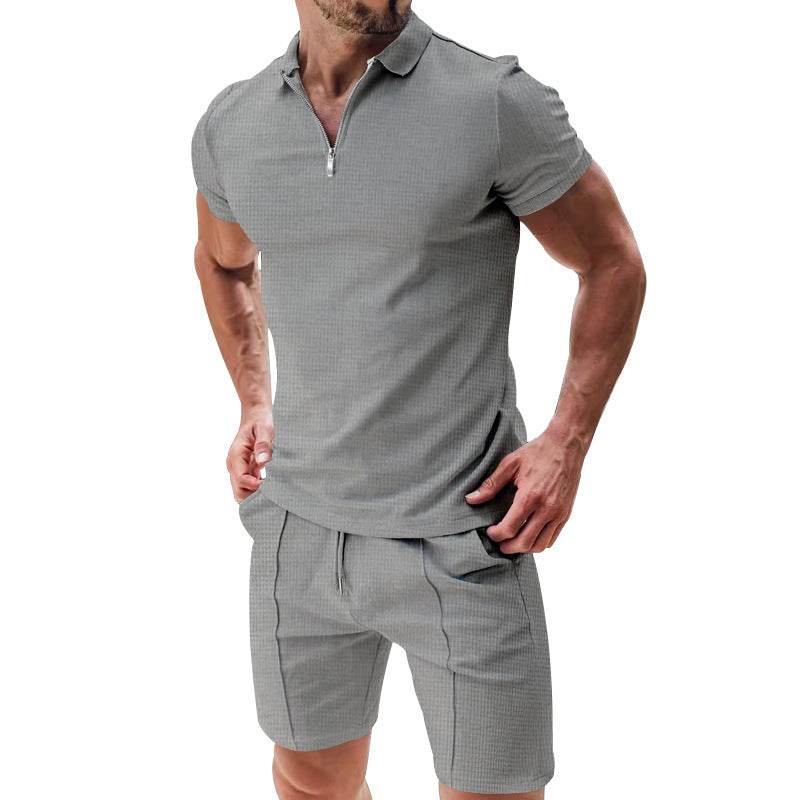 2Pcs Casual Waffle Suit Summer Zipper Lapel Short-sleeved Top And Drawstring Pockets Shorts Versatile Solid Color T-shirt Set For Mens Clothing - Velora