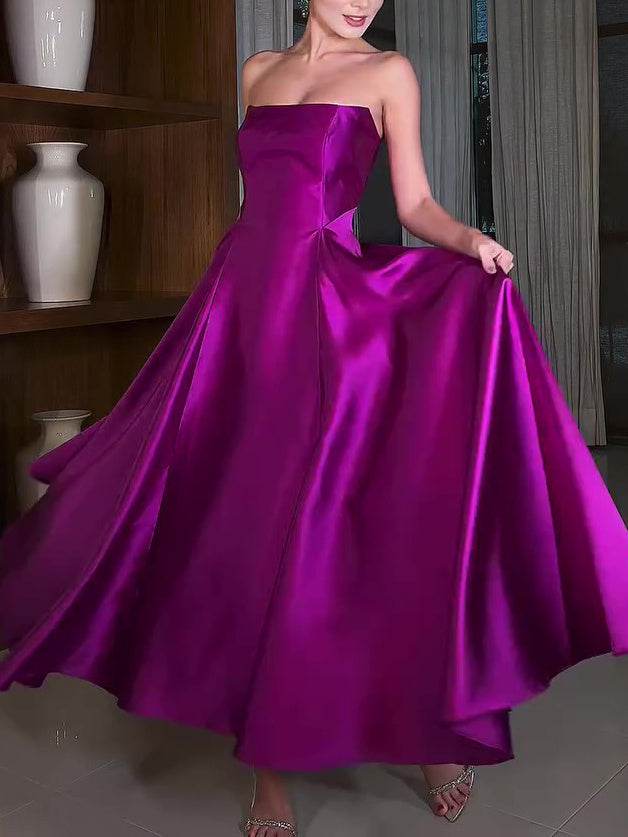 Satin Tube Top Full Skirt Dress - Velora