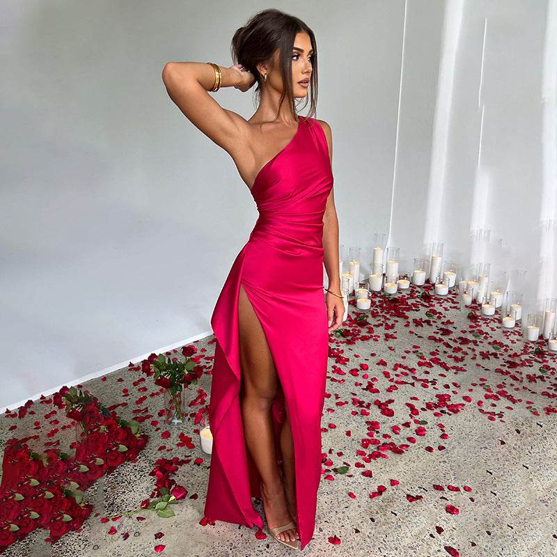 Sexy One-shoulder Backless Slit Dress Summer Elegant Slim-fit Solid Color Satin Dresses For Women - Velora