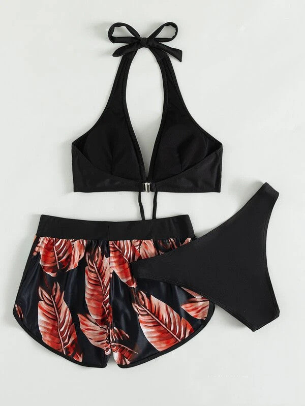3pcs Leaf Print Bikini With Shorts Fashion Summer Beach Swimsuit Womens Clothing https://like2b-uy