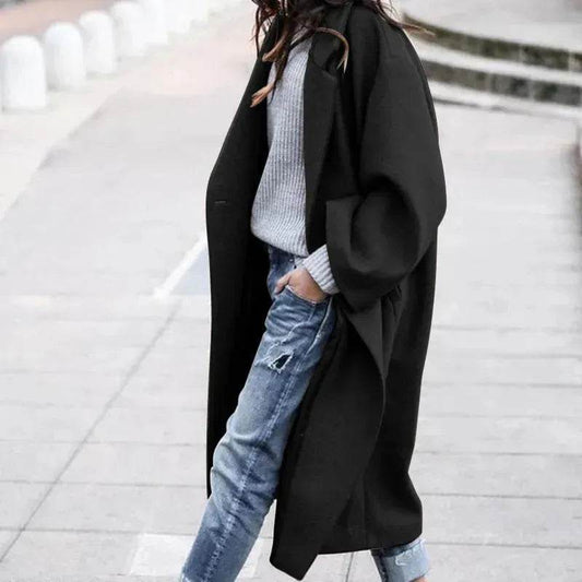 Lapel Single Breasted Women Winter Solid Woolen Trench Coat Long Jacket - Velora