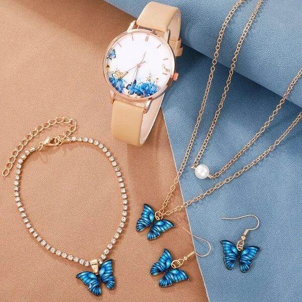 J5pcsset All-match Fashion Butterfly Women's Belt Watch Suit - Velora