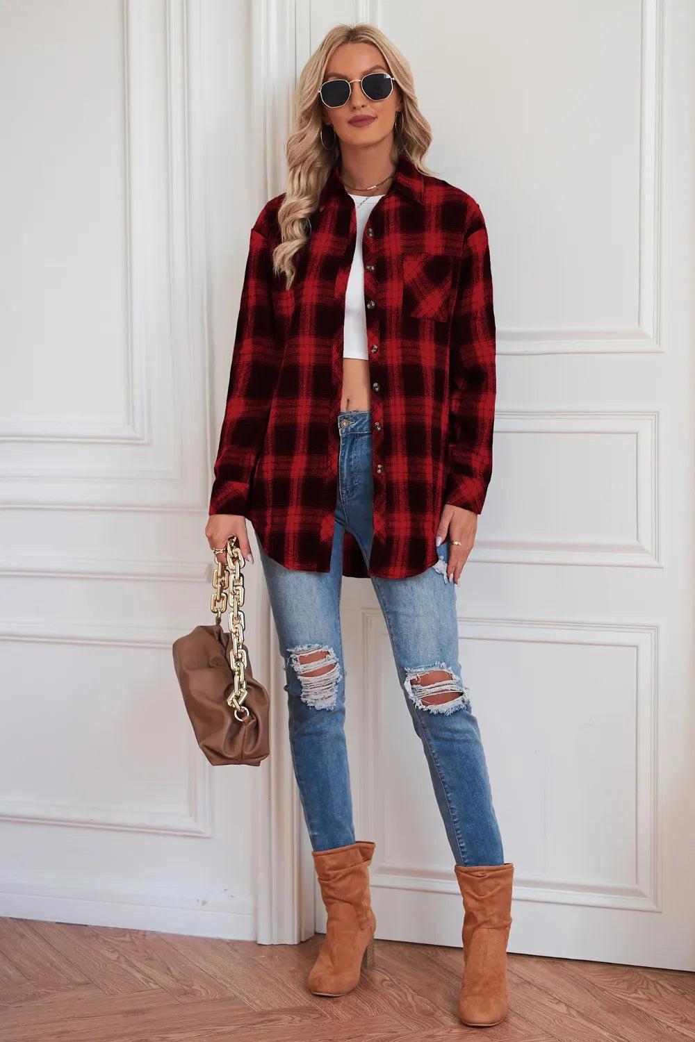Plaid Button Up Dropped Shoulder Outerwear - Velora