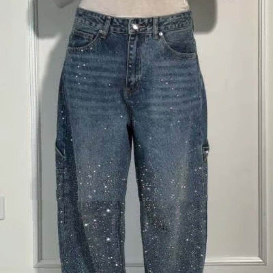 Ins Shiny Straight Jeans With Pockets Fashion Loose Wide-leg Pants For Women Street-style Trousers - Velora