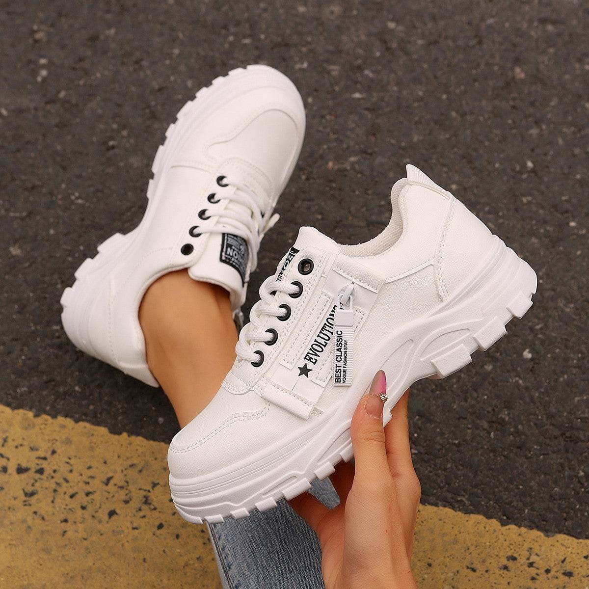 Lace-up Sports Shoes With Side-Zipper Design Fashion Thick-soled Round-toe Casual Shoes For Women Sneakers - Velora