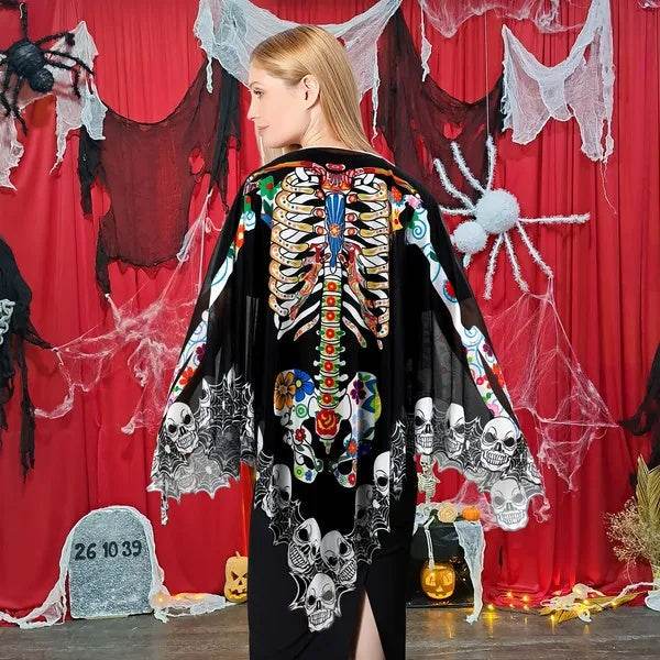 Halloween Skeleton Poncho, Lace Skeleton Halloween Costume Poncho Day Of The Dead Poncho For Women - Velora