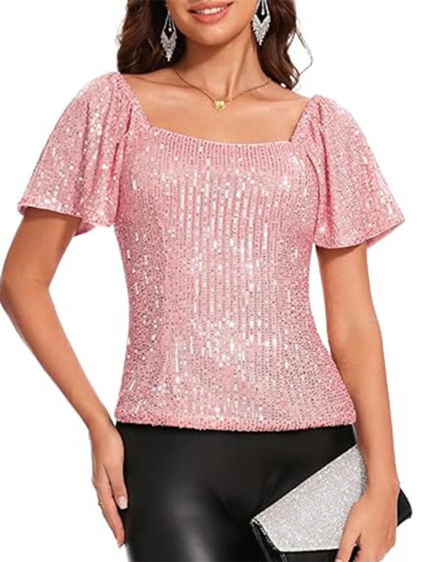 Square Neck Sequin Short Sleeve Blouse - Velora