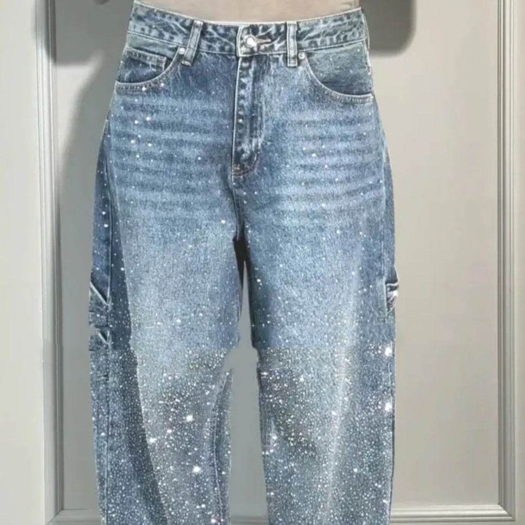 Ins Shiny Straight Jeans With Pockets Fashion Loose Wide-leg Pants For Women Street-style Trousers - Velora