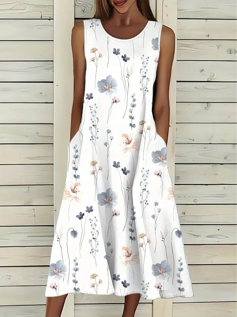 Plus-size Floral Print Pocket Sundress, Casual Sleeveless Round Neck Mid-length Dress - Velora