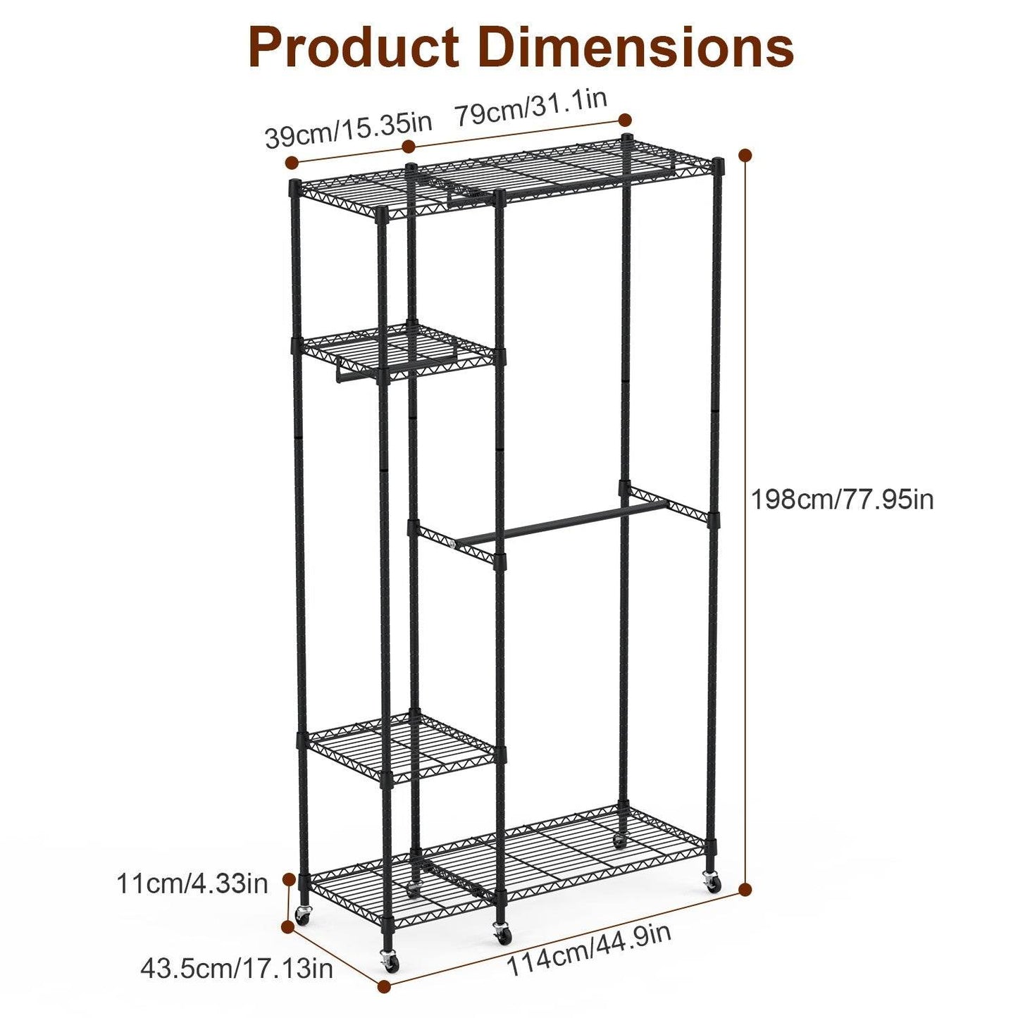 1Pc 4 Tier Heavy Duty Garment Rack With Wheels Carbon Steel Clothing Rack Portable Wardrobe Clothes Rack With 3 Hanging Rods 6 Footrests 44.9x17.13x77.95in - Velora