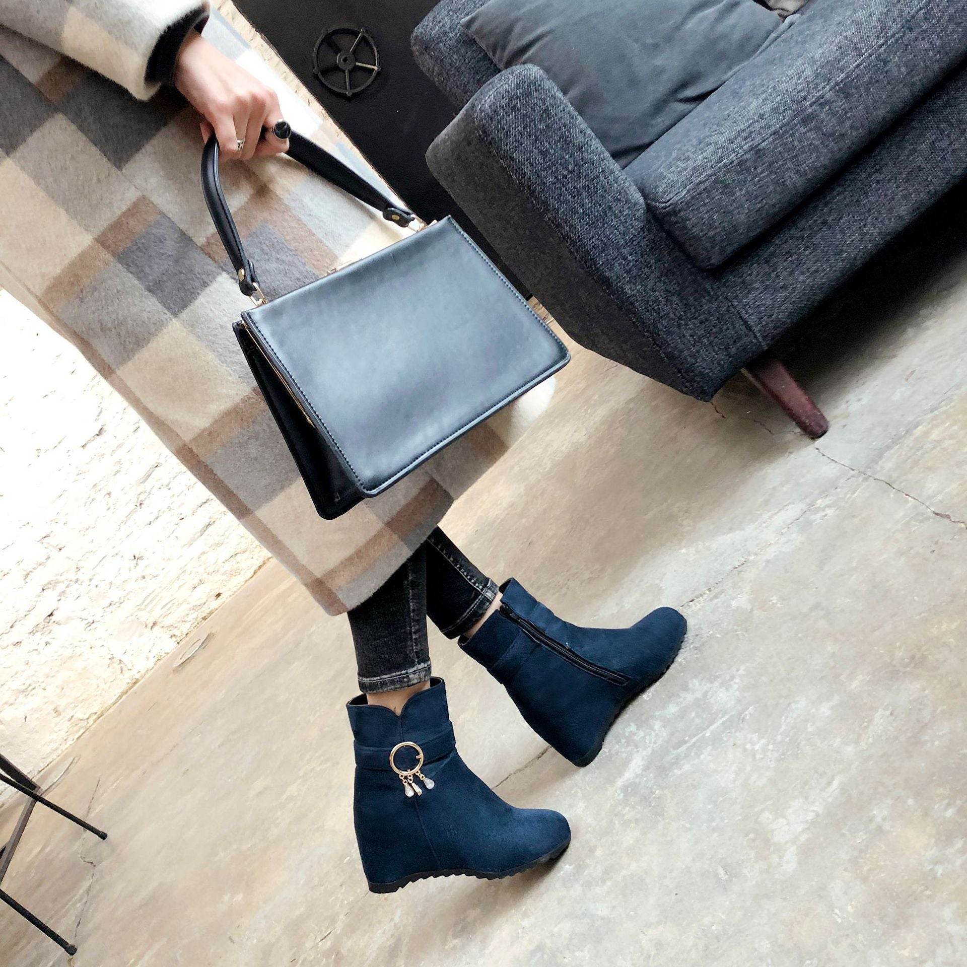 Fringed Round Toe Wedge Heel Winter Ladies Short Boots - Velora