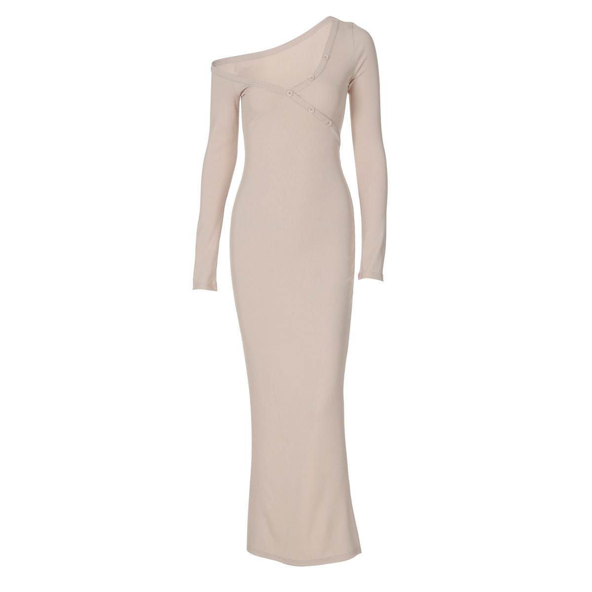 Women's Irregular Slant Shoulder Back Slit Long Dress - Velora