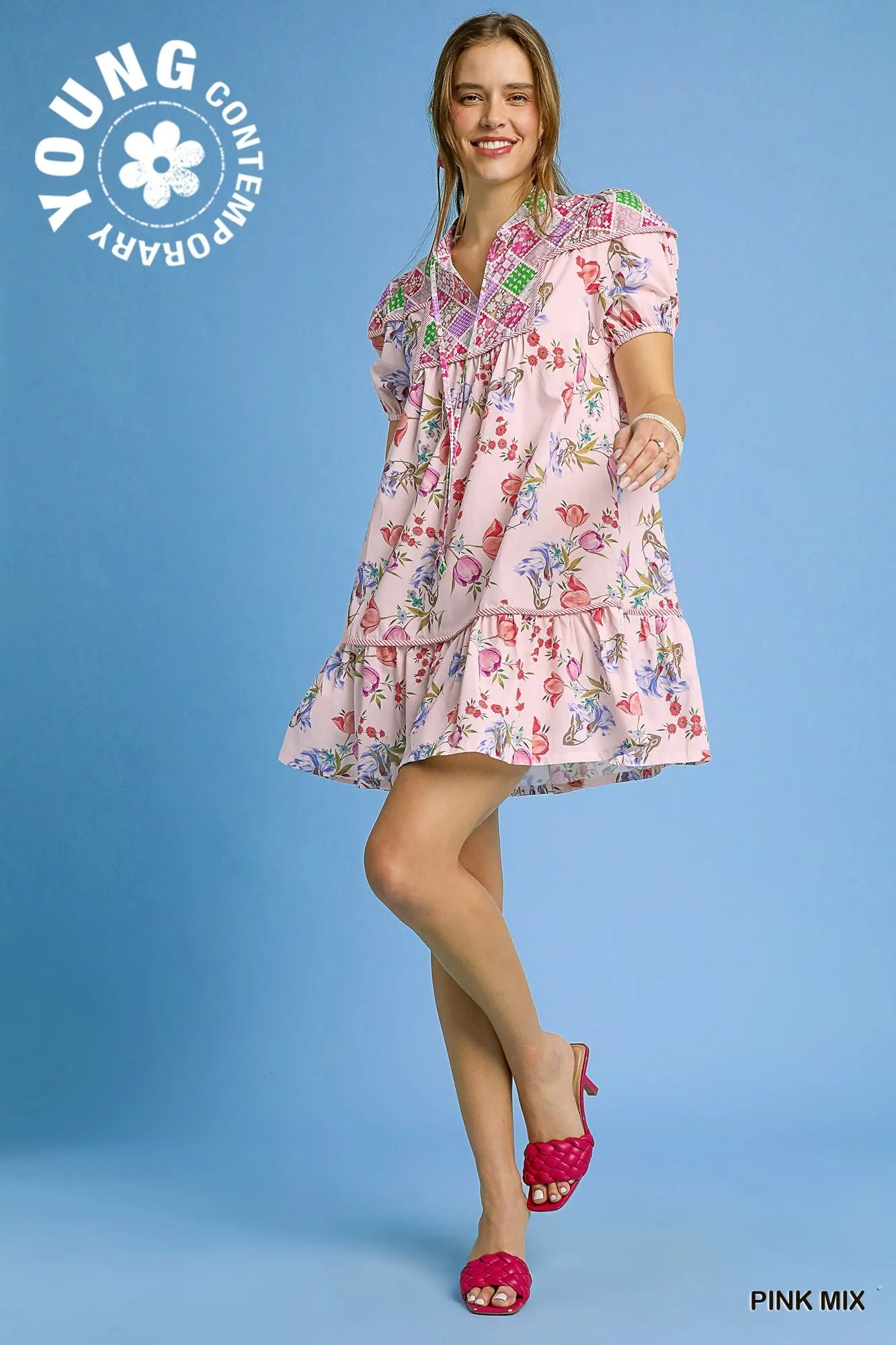 Umgee Floral Print Tie Neck Puff Sleeve Dress - Velora